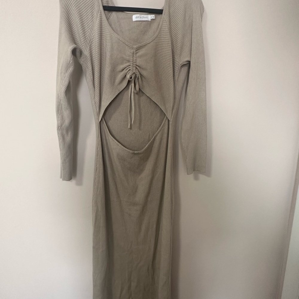All in Favor Tan Ruched Tie Front Bodycon Midi Dress